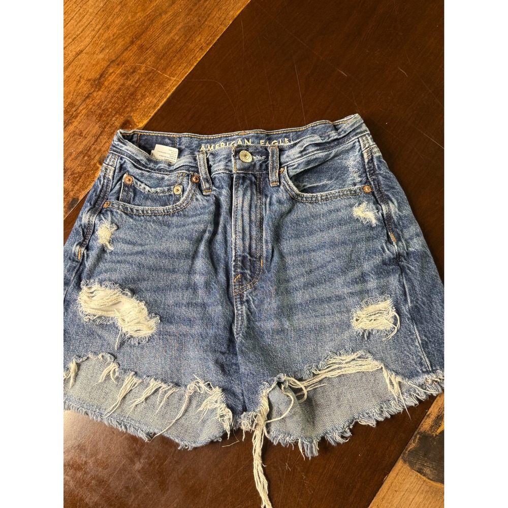 American Eagle Denim Shorts 00 Blue High Waisted Distressed Frayed Hem